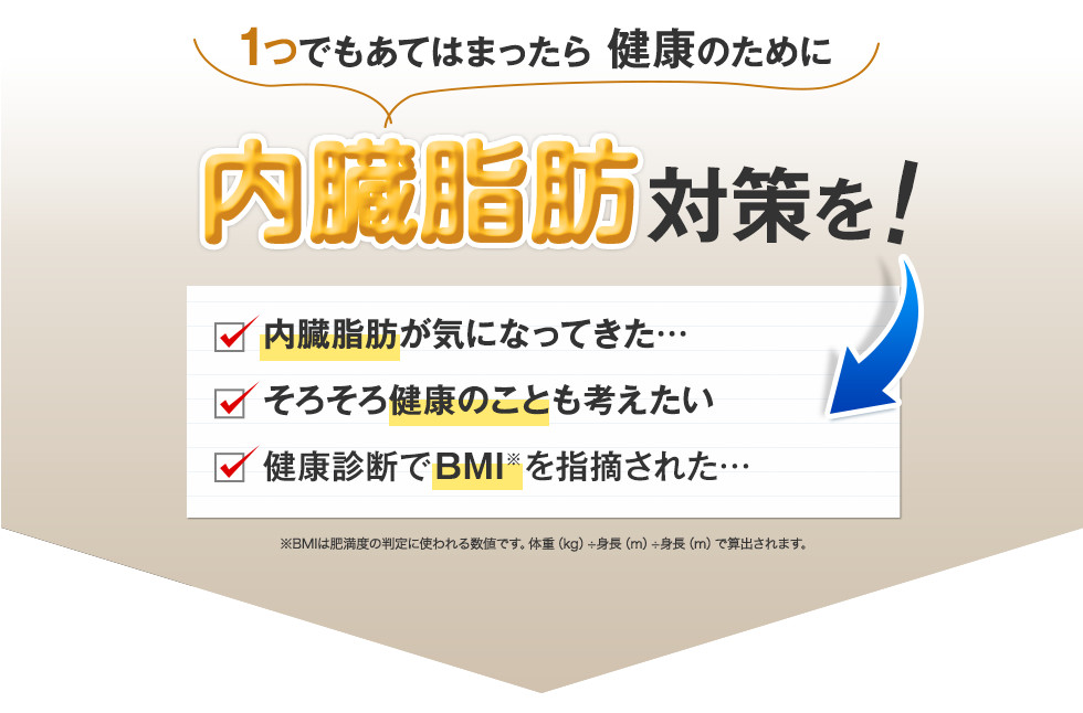 1つでも当てはまったら健康のために内臓脂肪対策を!・内臓脂肪が気になってきた…・そろそろ健康のことも考えたい・健康診断でBMIを指摘された…